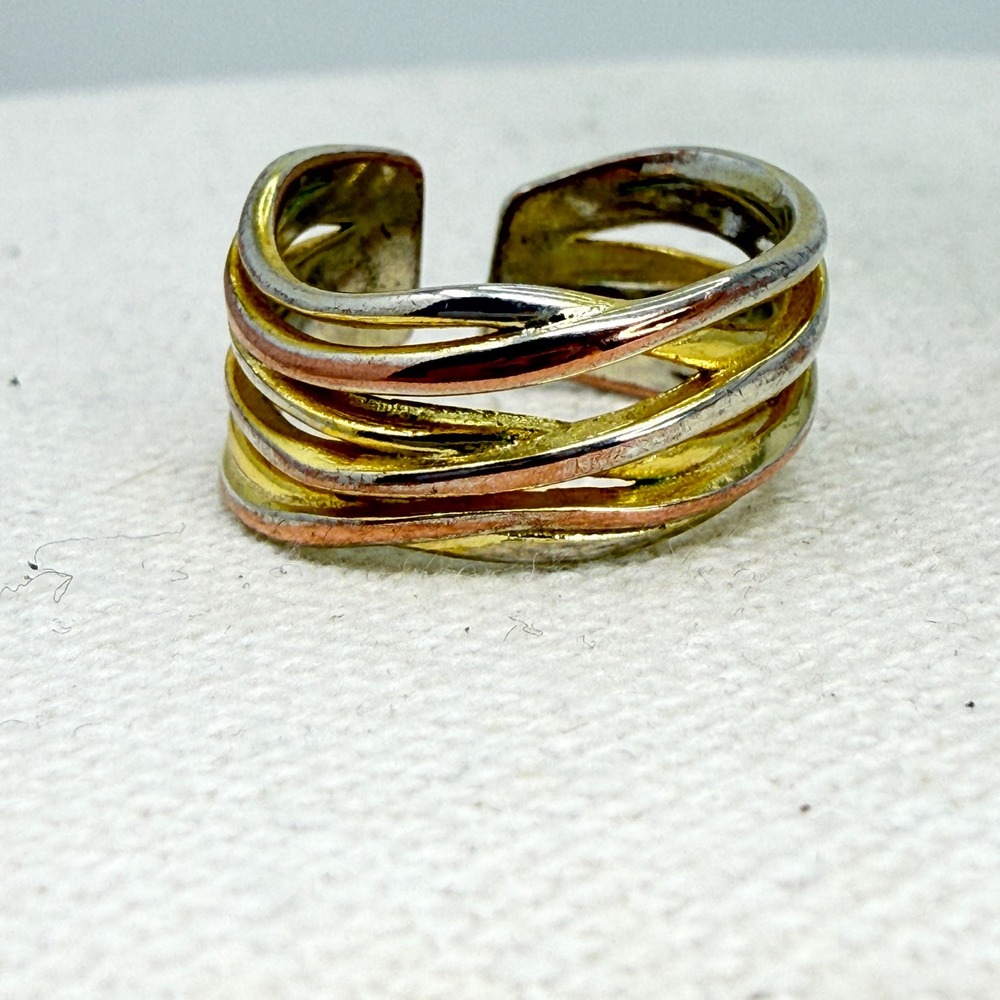 Sterling Silver Tri Color‎ Multi Band Adjustable Wrap Ring Mixed Metal Modernist
